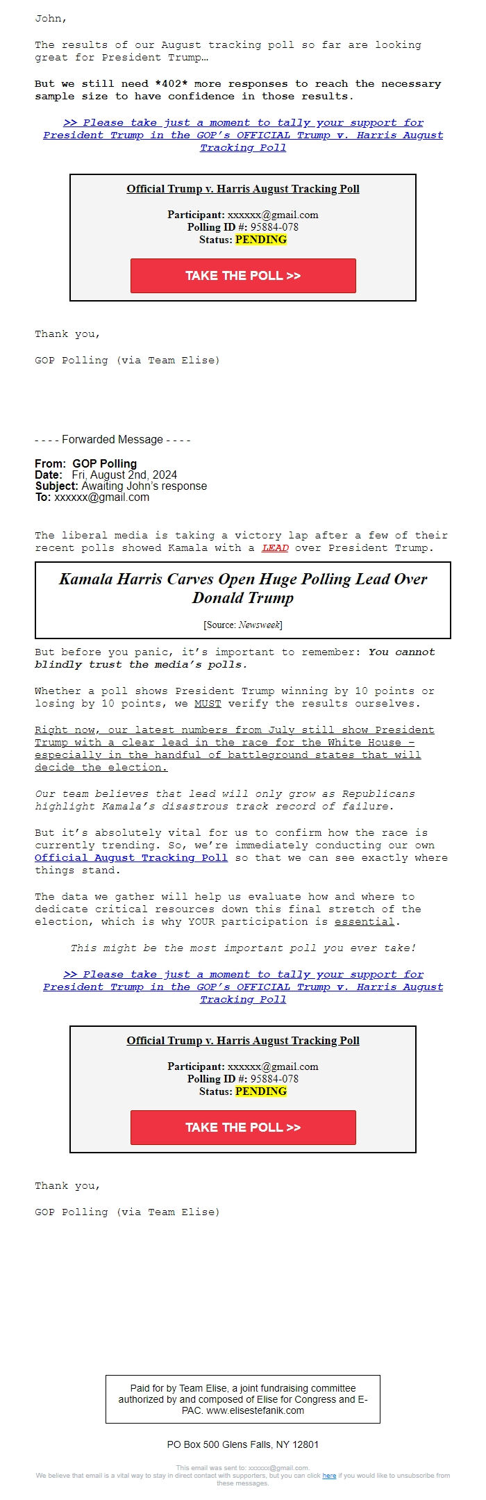 Screenshot of the email generated on import
