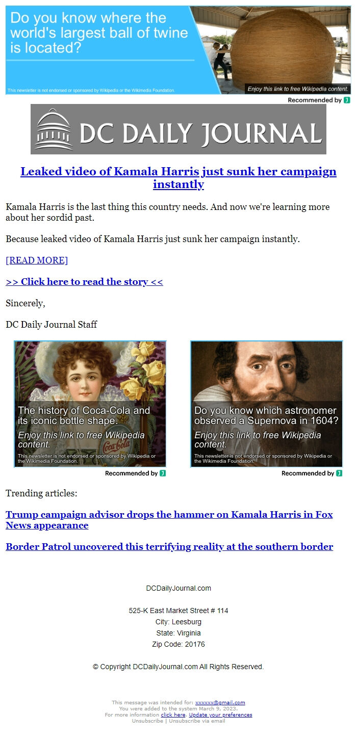 Screenshot of the email generated on import