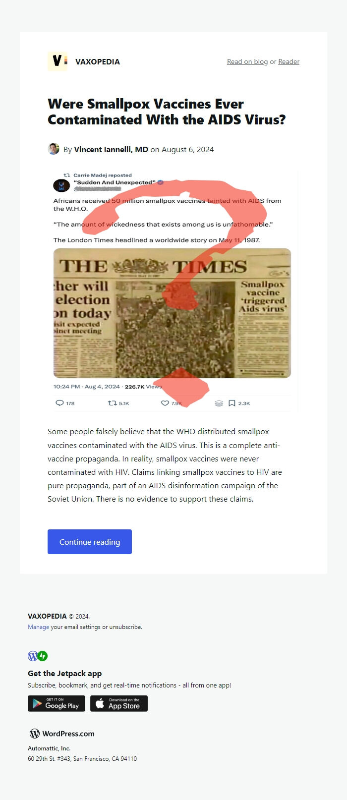 Screenshot of the email generated on import