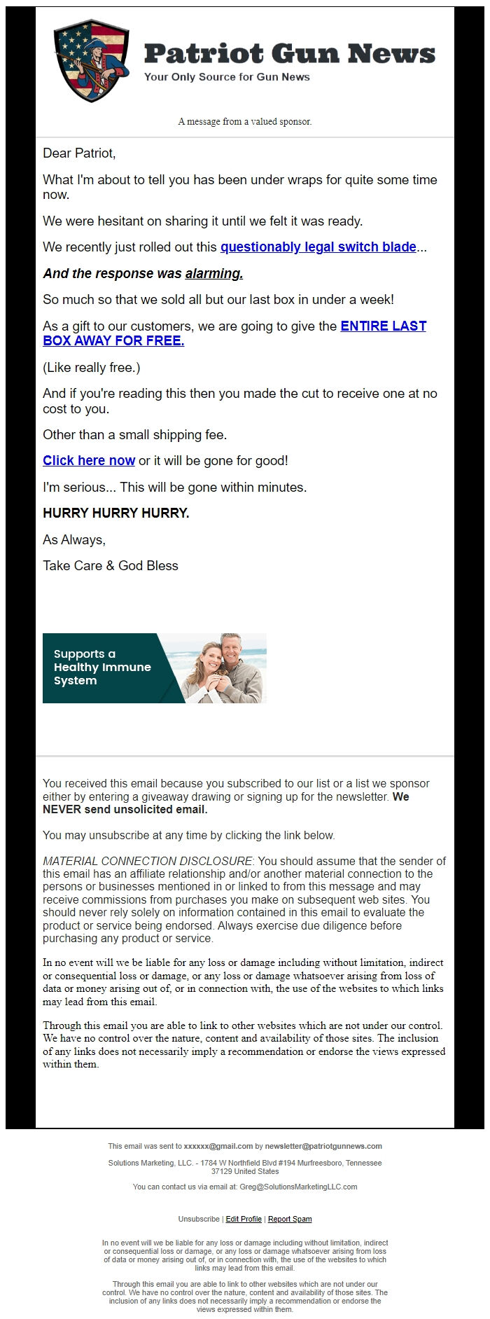 Screenshot of the email generated on import