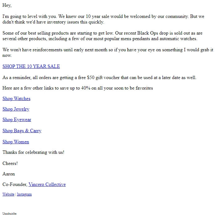 Screenshot of the email generated on import