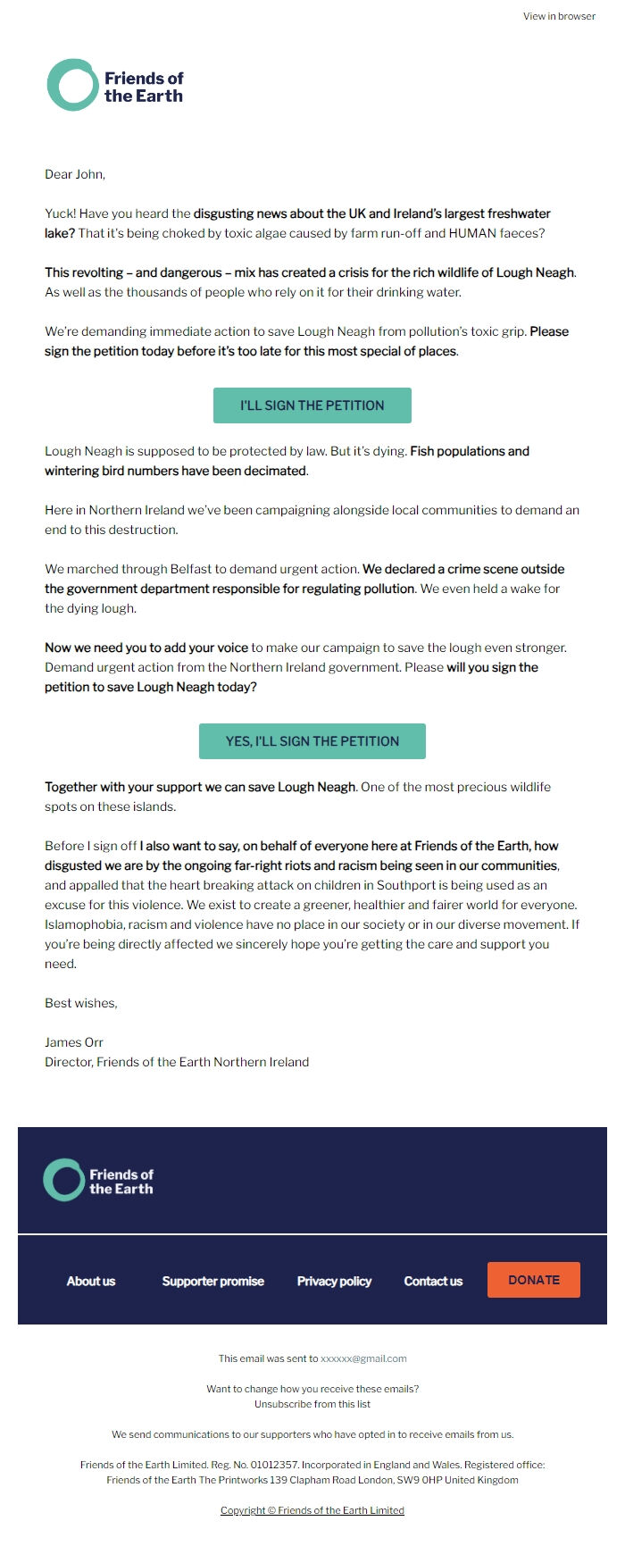 Screenshot of the email generated on import