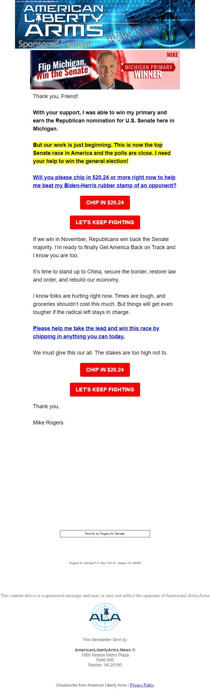 Screenshot of the email generated on import