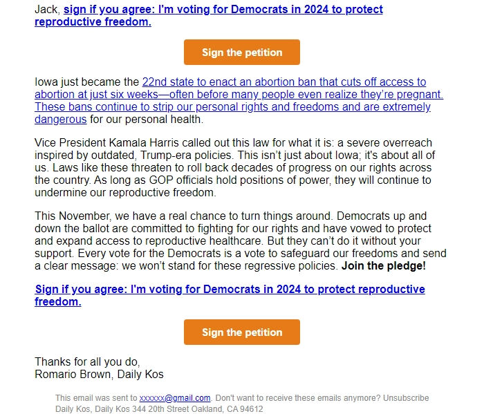 Screenshot of the email generated on import