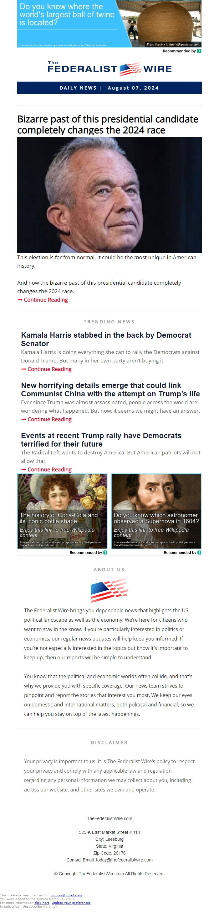 Screenshot of the email generated on import