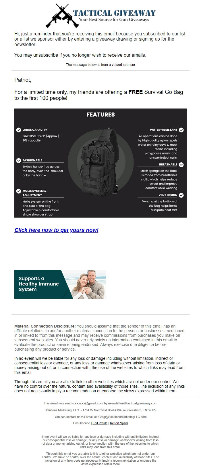 Screenshot of the email generated on import