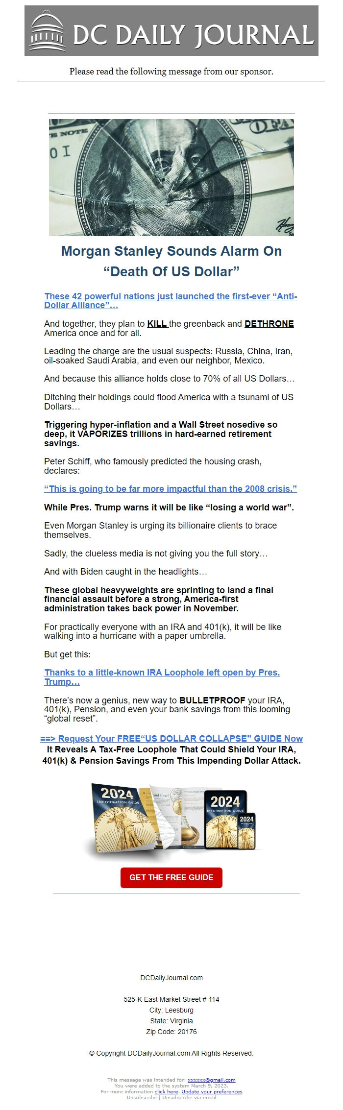 Screenshot of the email generated on import