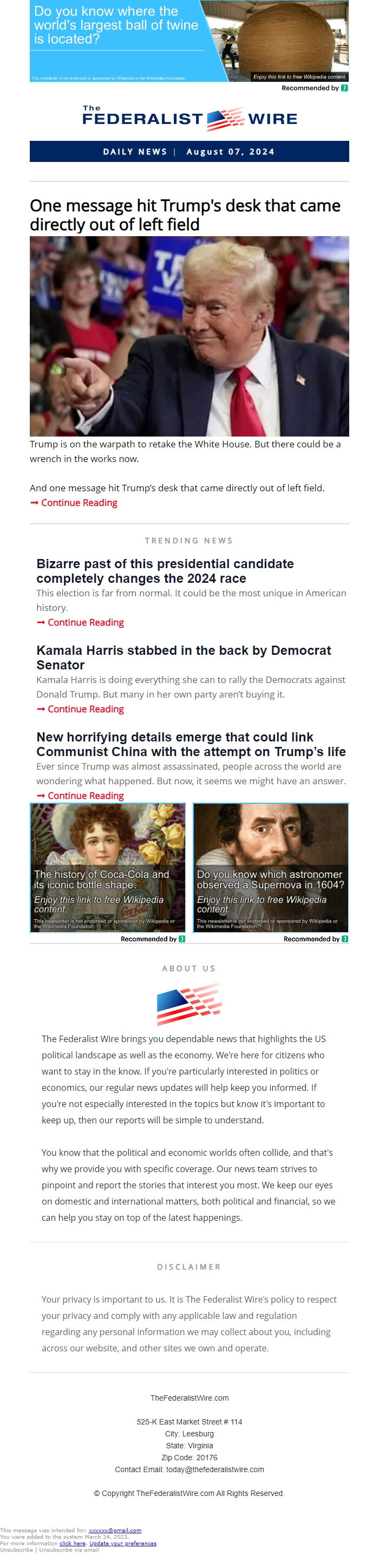 Screenshot of the email generated on import