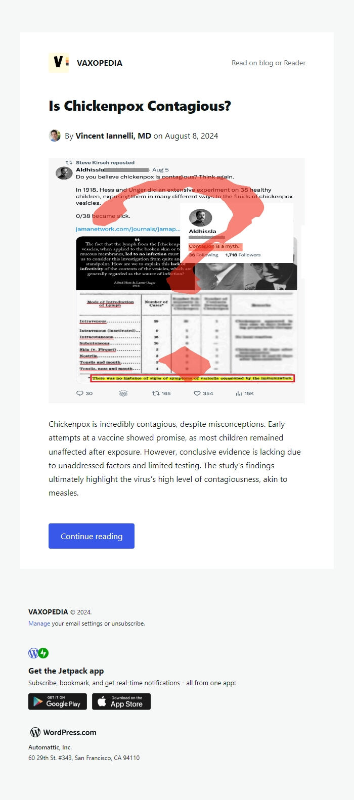 Screenshot of the email generated on import