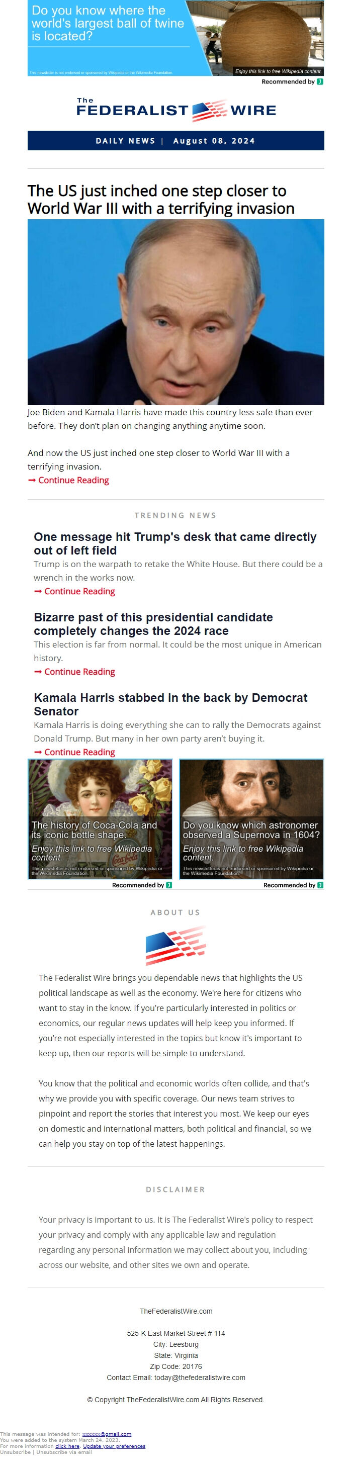Screenshot of the email generated on import