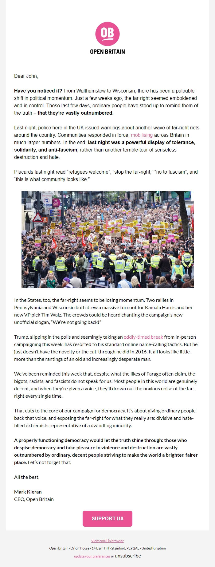 Screenshot of the email generated on import