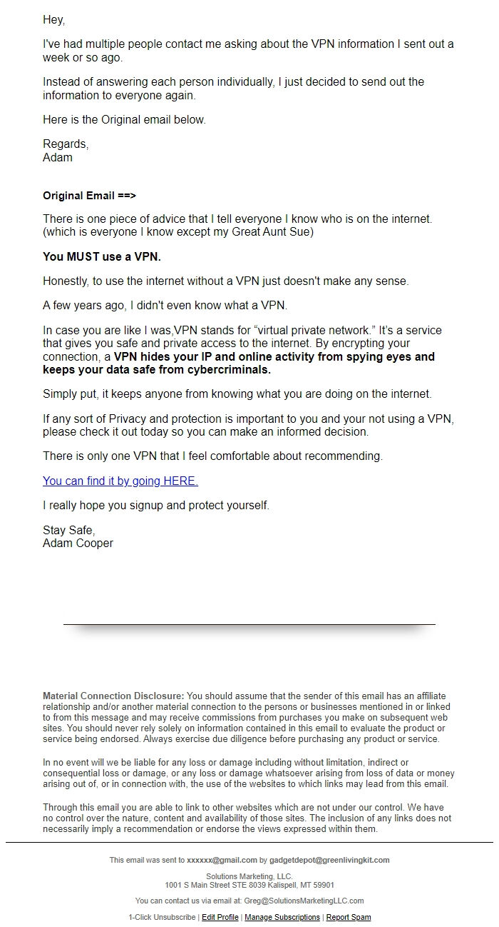 Screenshot of the email generated on import