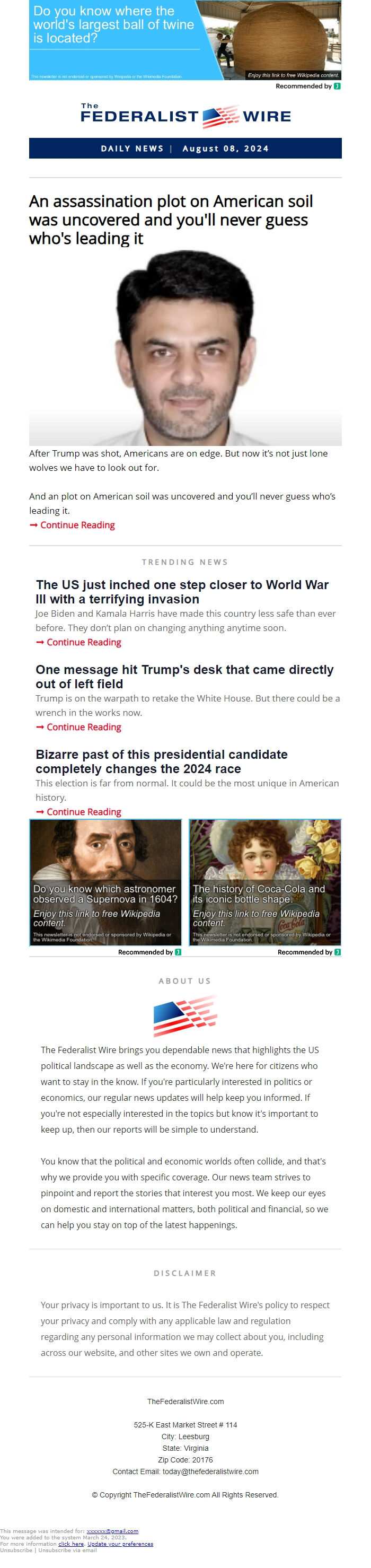 Screenshot of the email generated on import