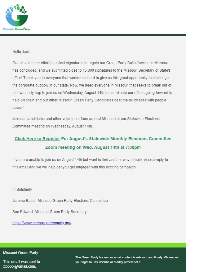 Screenshot of the email generated on import