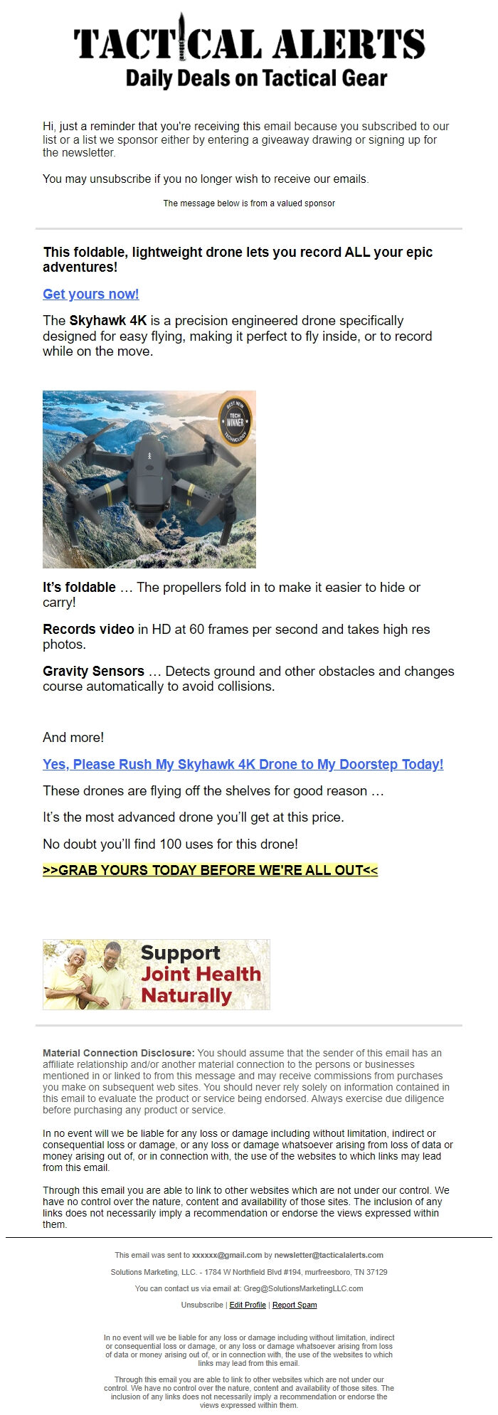 Screenshot of the email generated on import