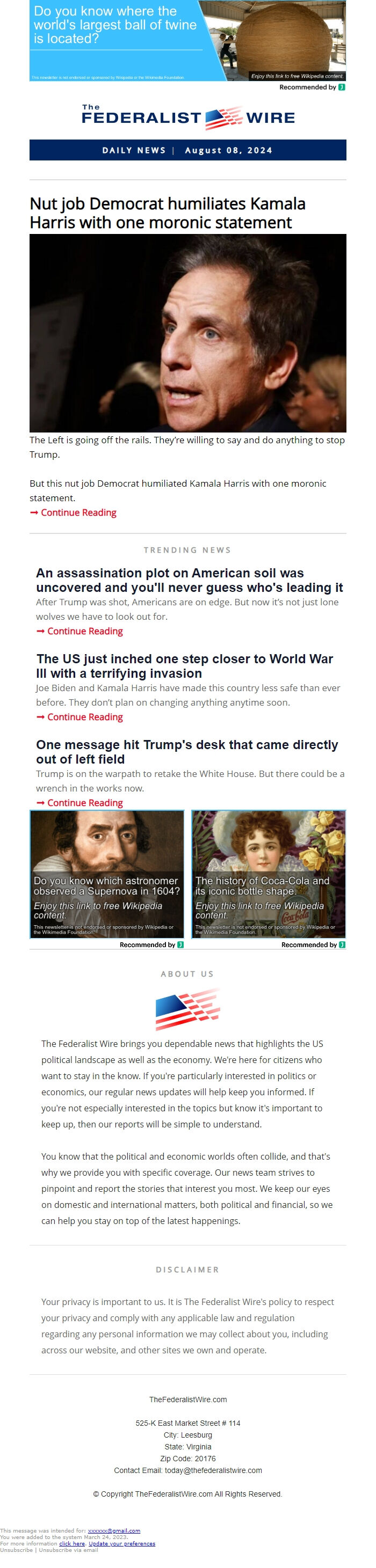 Screenshot of the email generated on import