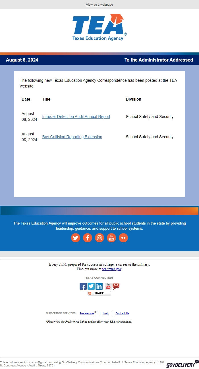 Screenshot of the email generated on import
