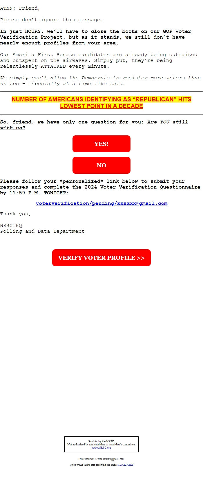 Screenshot of the email generated on import