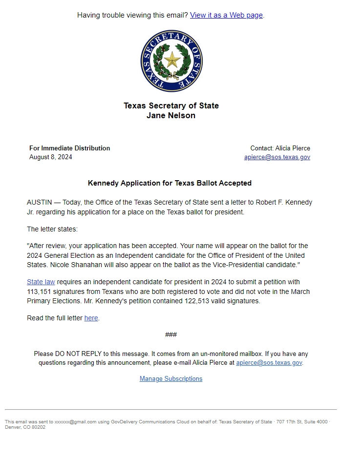 Screenshot of the email generated on import