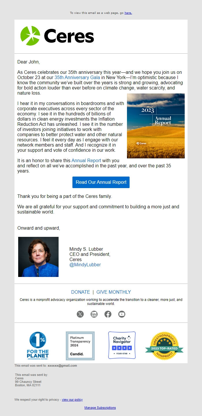 Screenshot of the email generated on import