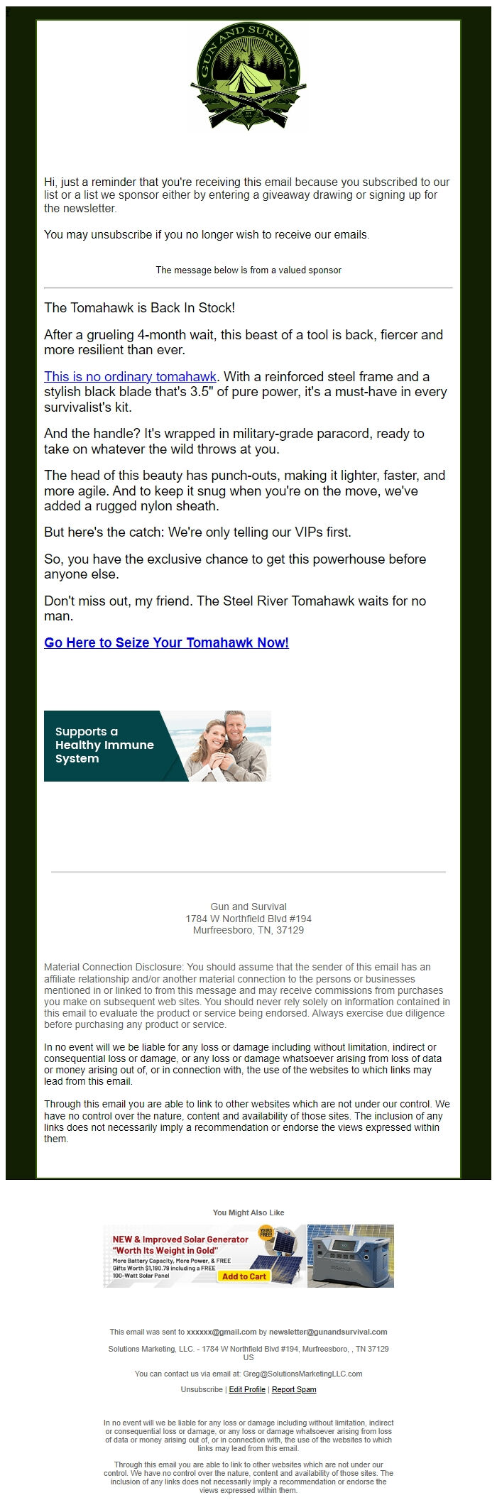 Screenshot of the email generated on import