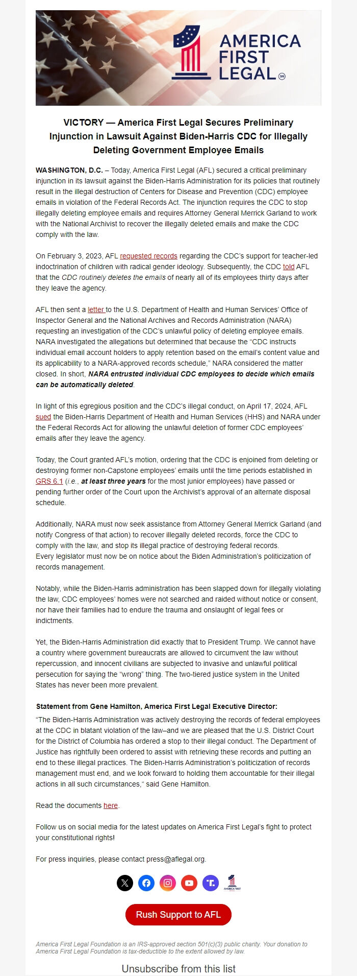 Screenshot of the email generated on import