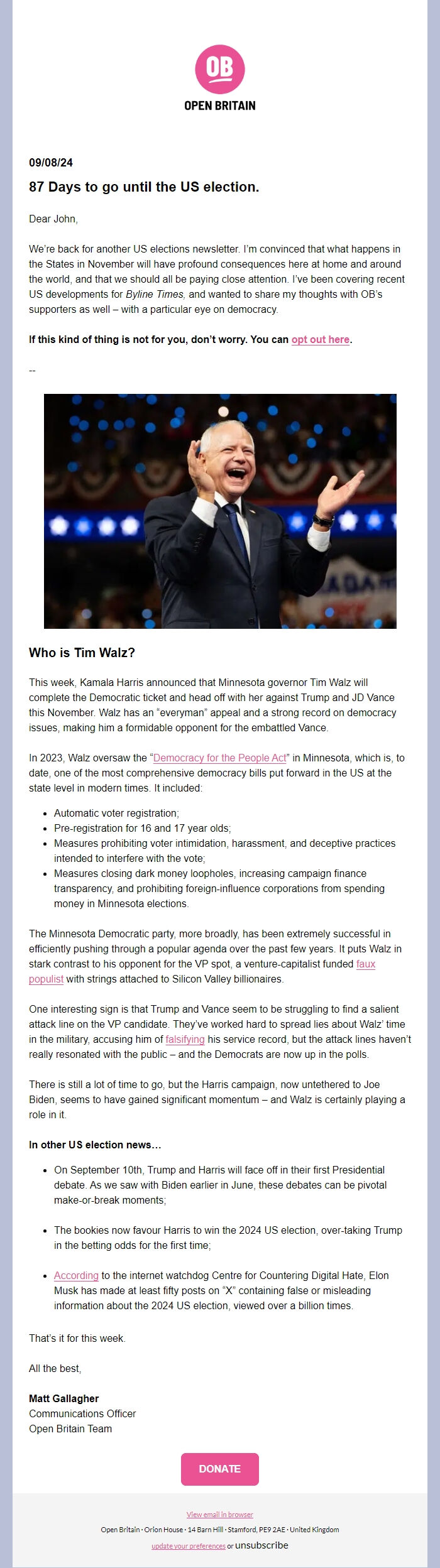 Screenshot of the email generated on import