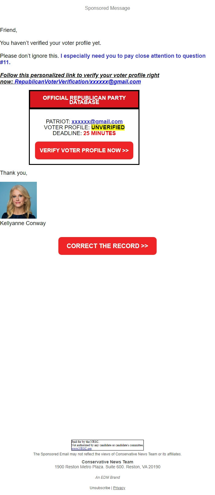 Screenshot of the email generated on import