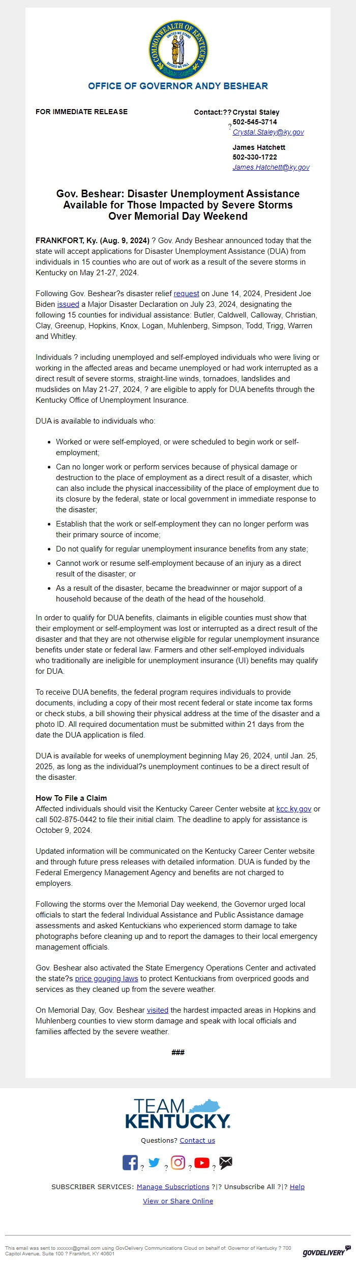 Screenshot of the email generated on import