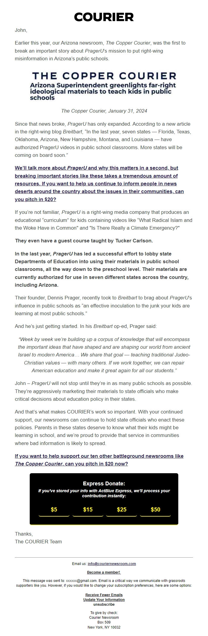 Screenshot of the email generated on import