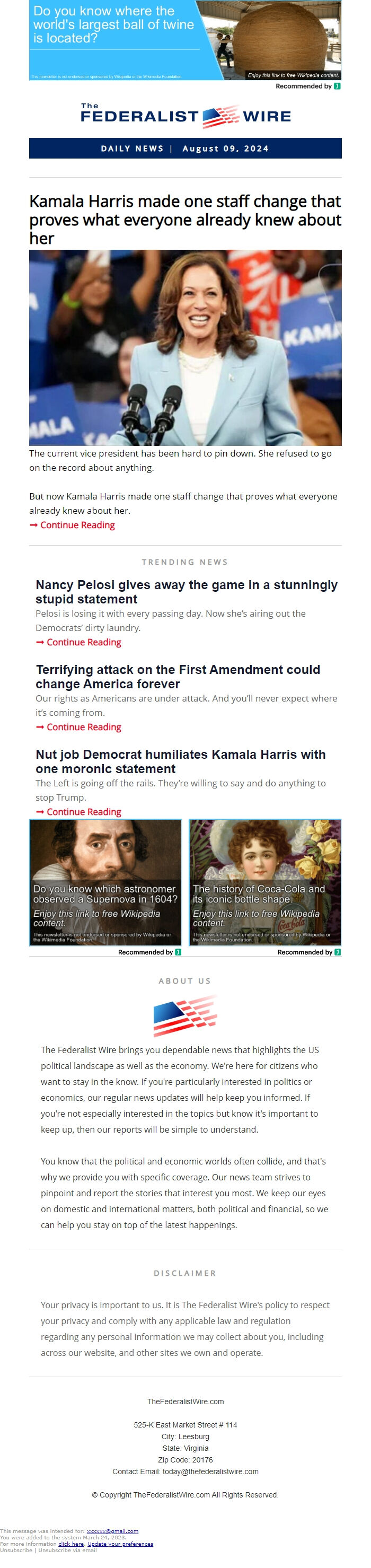 Screenshot of the email generated on import