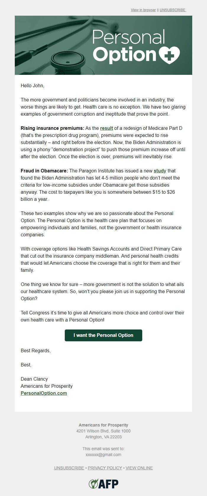 Screenshot of the email generated on import