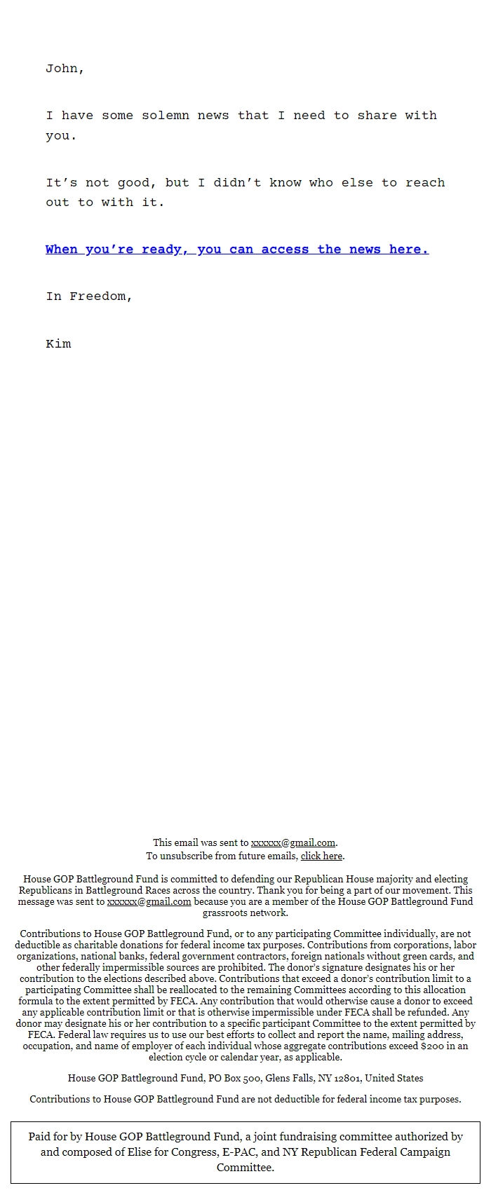 Screenshot of the email generated on import