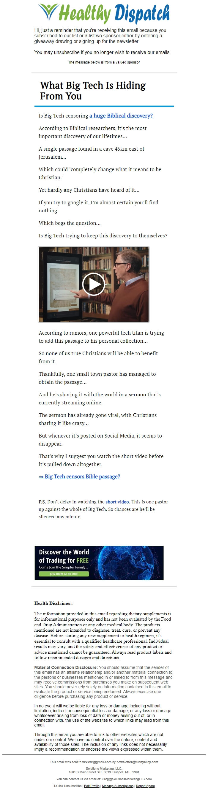 Screenshot of the email generated on import