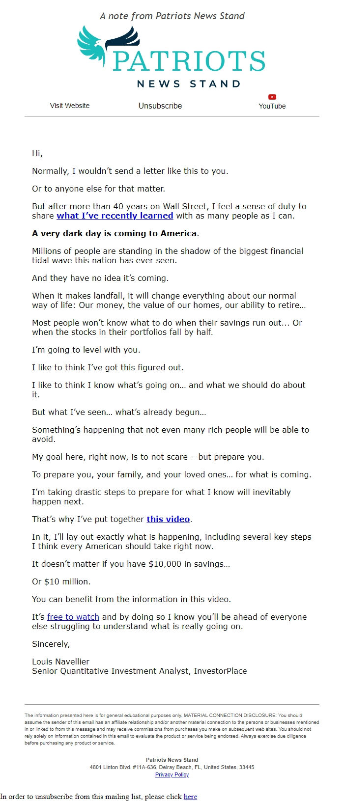 Screenshot of the email generated on import