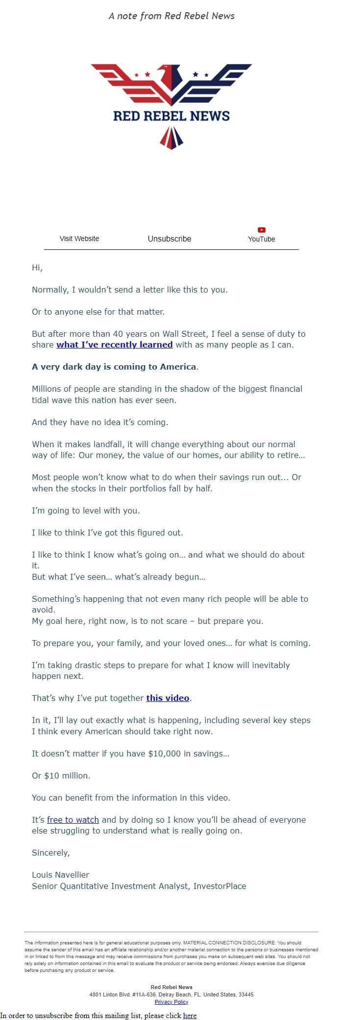 Screenshot of the email generated on import