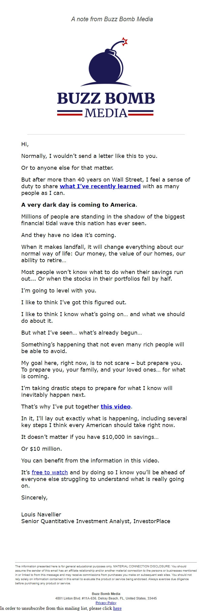 Screenshot of the email generated on import