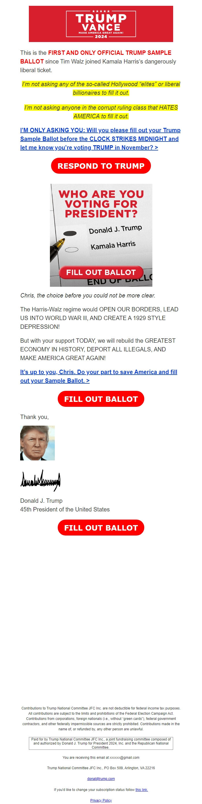 Screenshot of the email generated on import