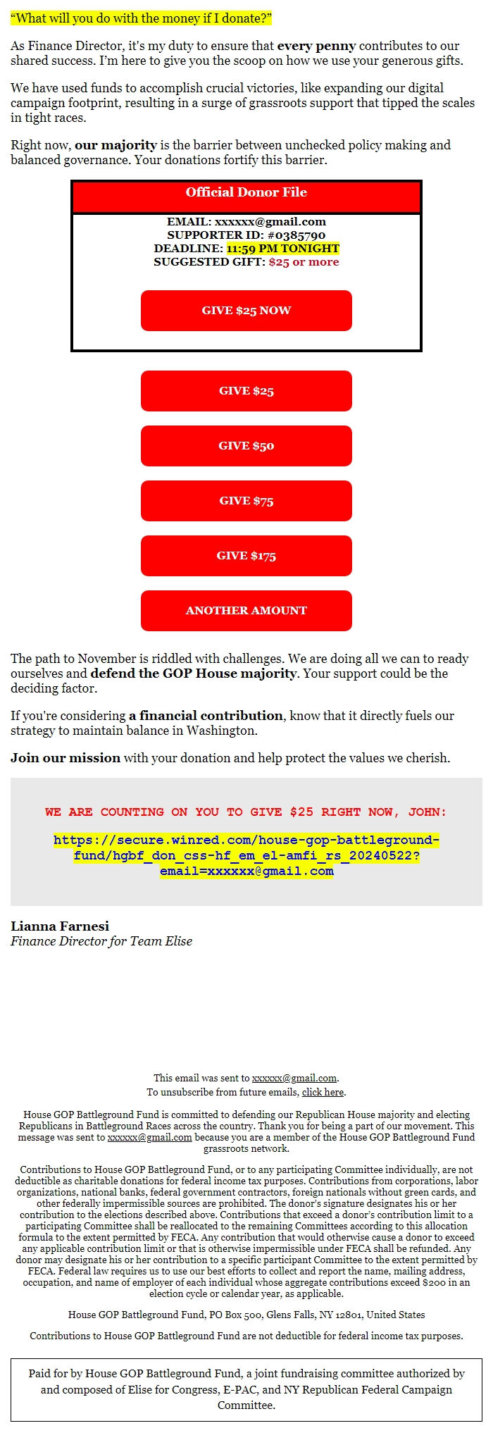 Screenshot of the email generated on import