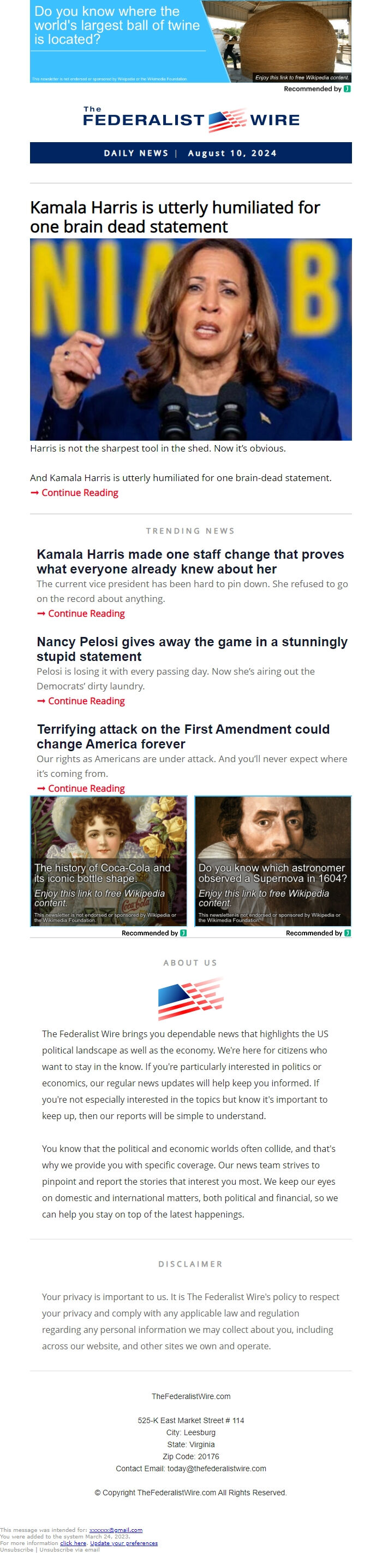 Screenshot of the email generated on import