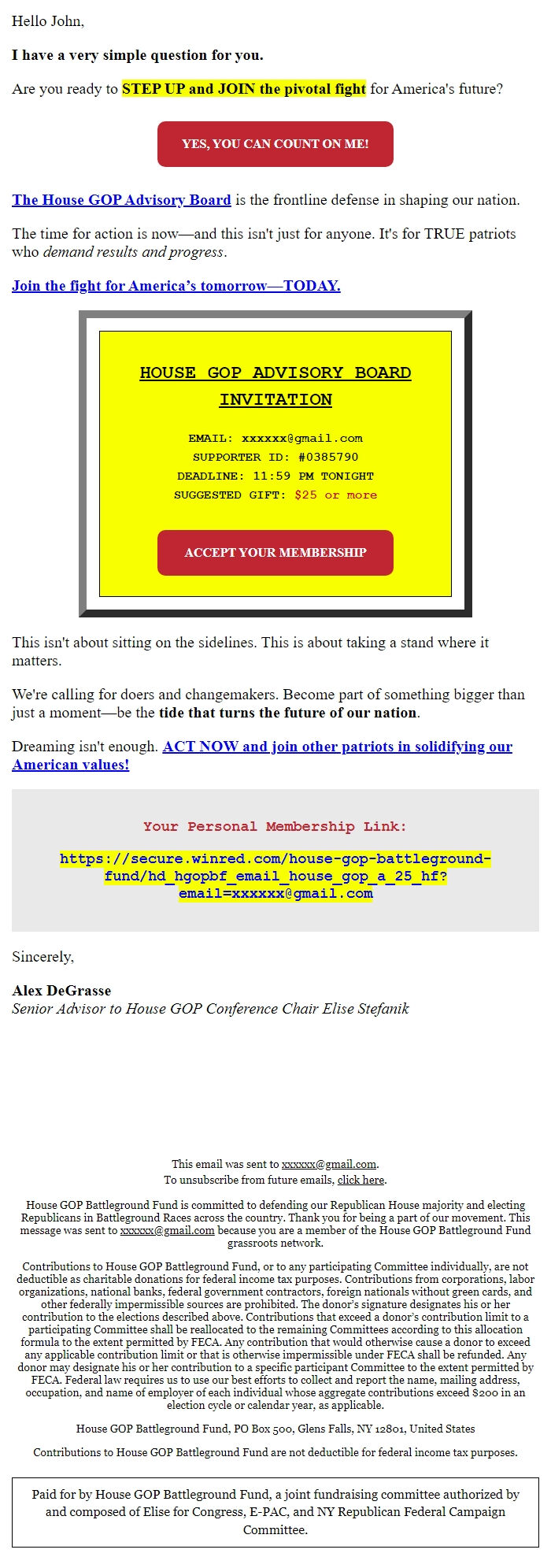 Screenshot of the email generated on import