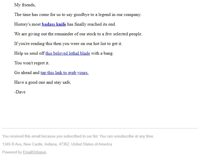 Screenshot of the email generated on import