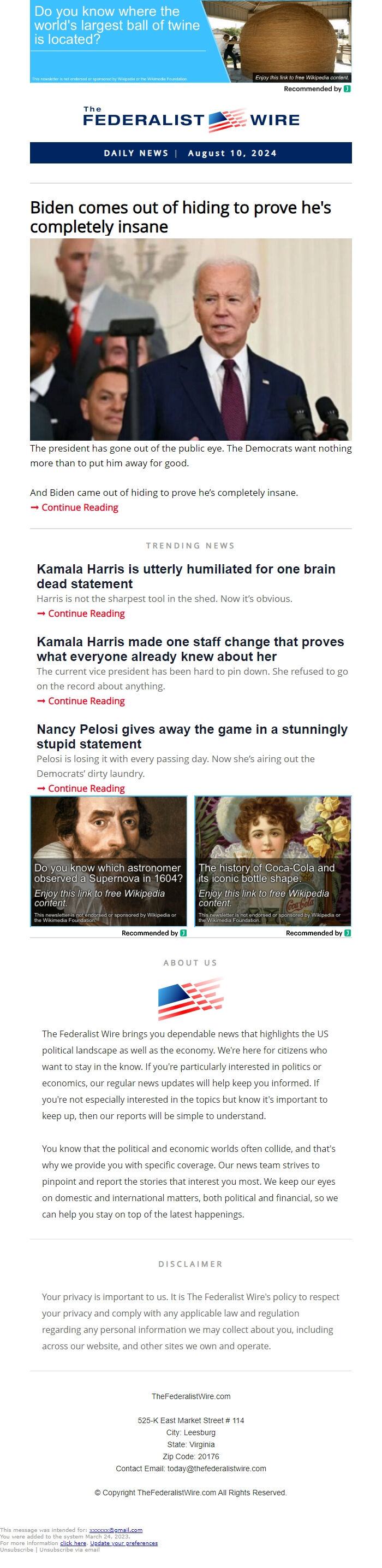 Screenshot of the email generated on import