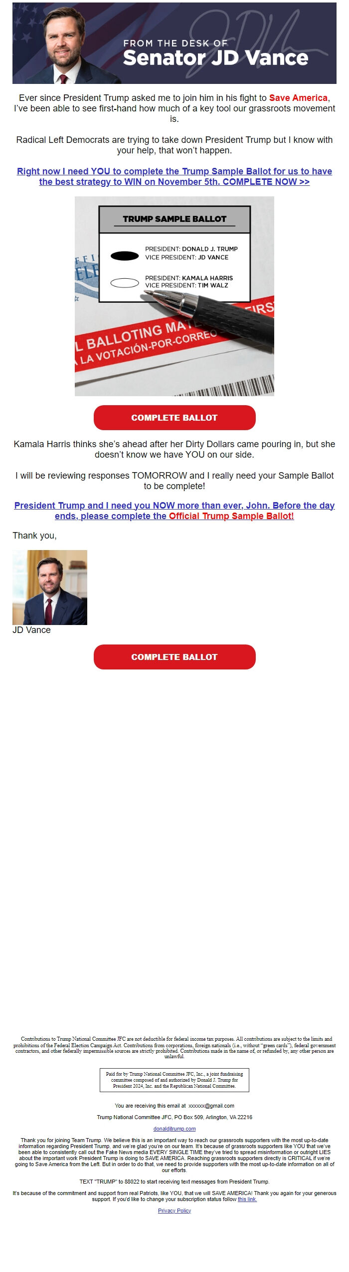 Screenshot of the email generated on import