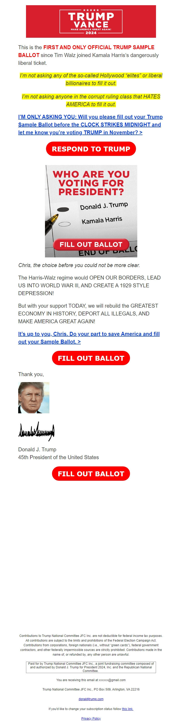 Screenshot of the email generated on import