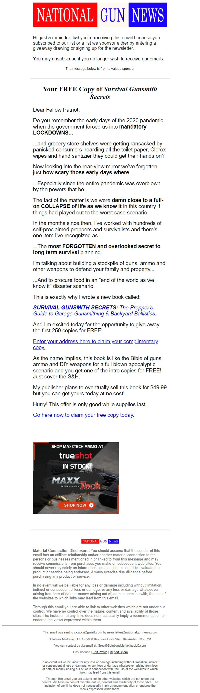 Screenshot of the email generated on import