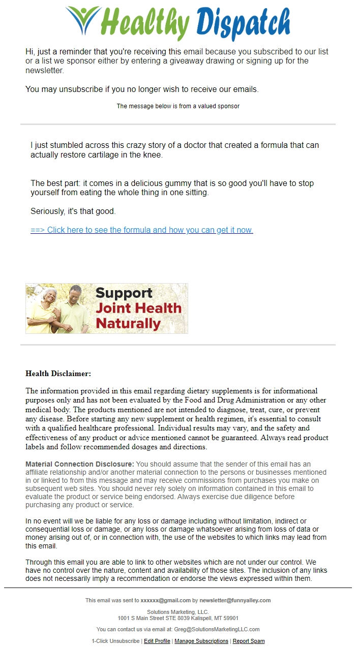 Screenshot of the email generated on import