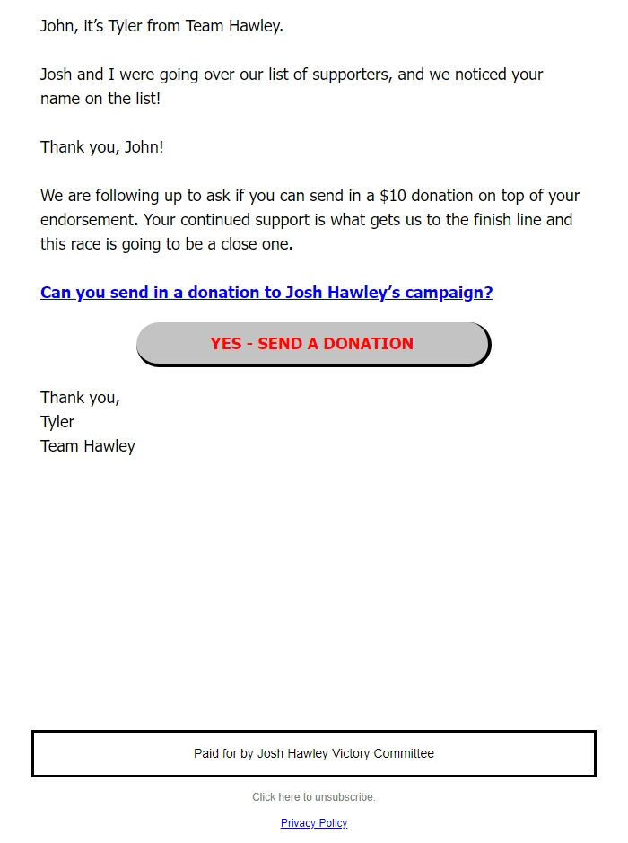 Screenshot of the email generated on import