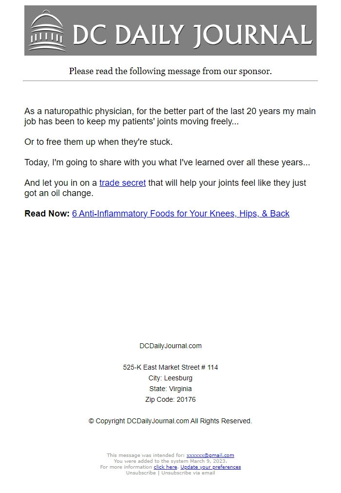 Screenshot of the email generated on import