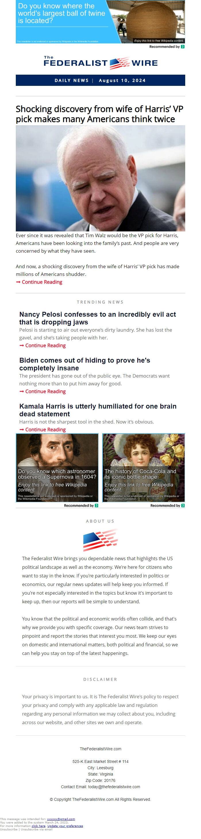 Screenshot of the email generated on import